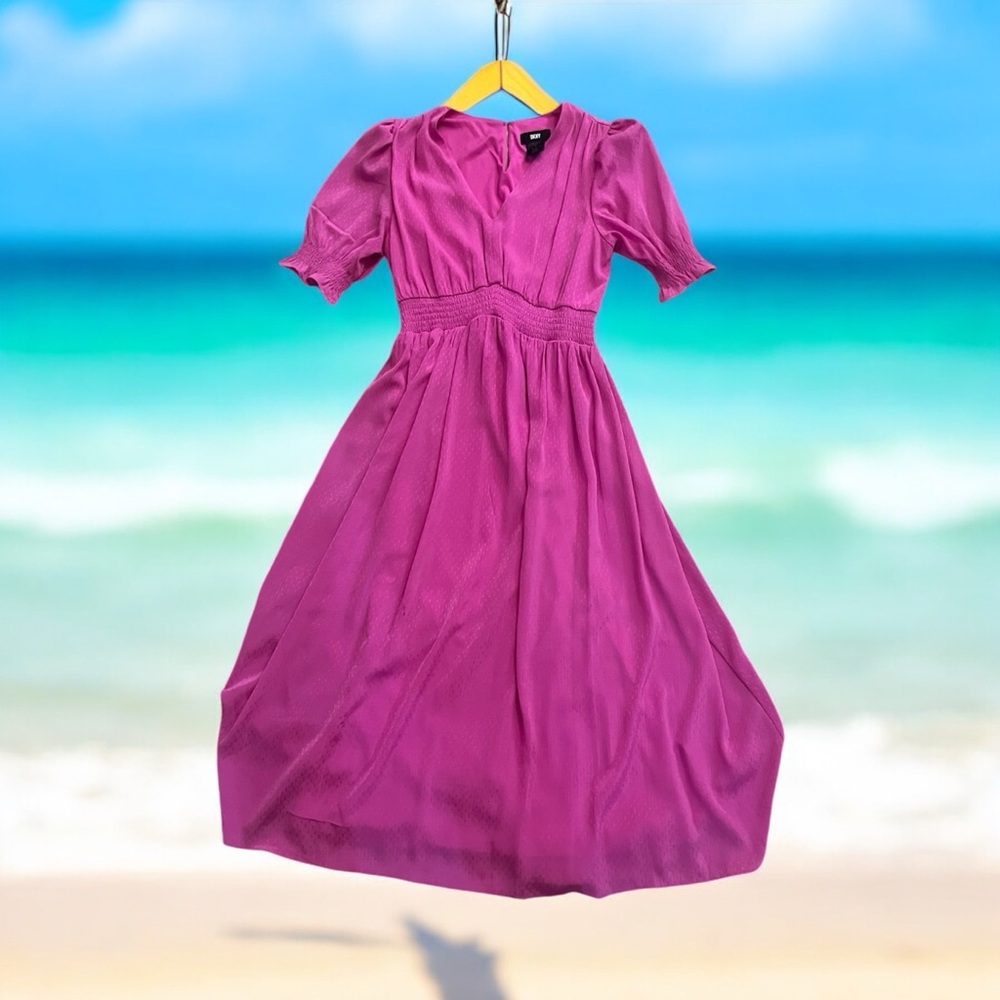 DKNY Women's Fuchsia Puff Sleeve V-Neck Midi - Picture 2 of 16
